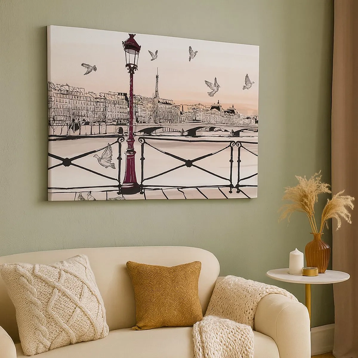 Quadro su tela - Stampe su Tela - Veduta parigina con lanterna e ponte - 70x50cm - Sui tetti di Parigi - Decorazione murale moderna per soggiorno e camera da letto ARTTOR