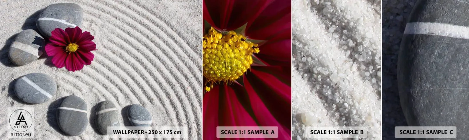 Campione Di Fotomurale Standard Eco - Energia e pace nel cerchio magico della natura - Fiori, Sabbia, Pietre - 100x30 cm