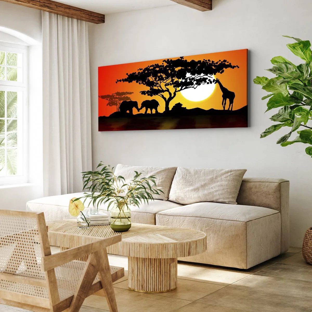 Quadro su tela - Stampe su Tela - Tramonto africano con sagome di elefanti e giraffe sull'acqua - 120x50cm - Incontro nella savana - Decorazione murale moderna per soggiorno e camera da letto ARTTOR