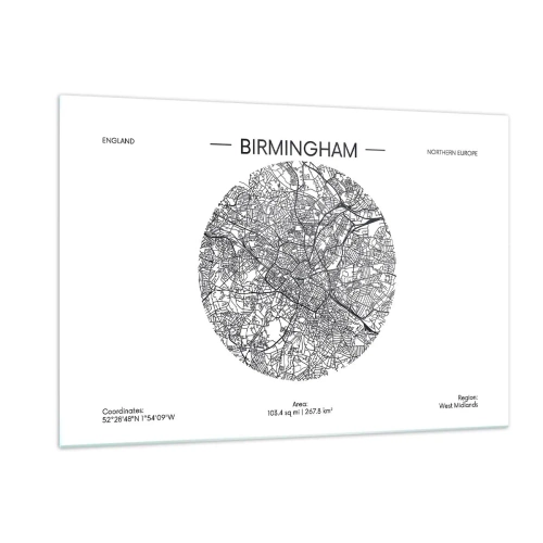Quadro su vetro - Mappa in bianco e nero di Birmingham in uno stile grafico moderno - 120x80cm - Anatomia di Birmingham - Decorazione murale moderna per soggiorno e camera da letto ARTTOR