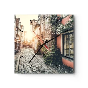 Orologio da parete - Orologio in Vetro - Una strada affascinante con pavimentazione in pietra e fiori - 30x30cm - L'angolo delle rose nella luce rosata - Decorazione murale moderna per soggiorno e camera da letto ARTTOR