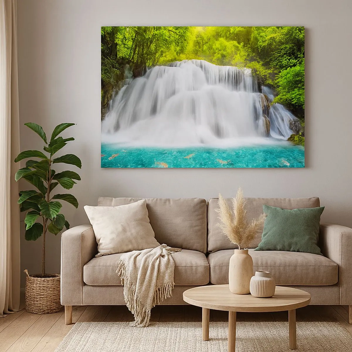 Quadro su tela - Stampe su Tela - Una cascata in una foresta tropicale con acqua turchese - 70x50cm - Cascata spumeggiante dal verde all'azzurro - Decorazione murale moderna per soggiorno e camera da letto ARTTOR