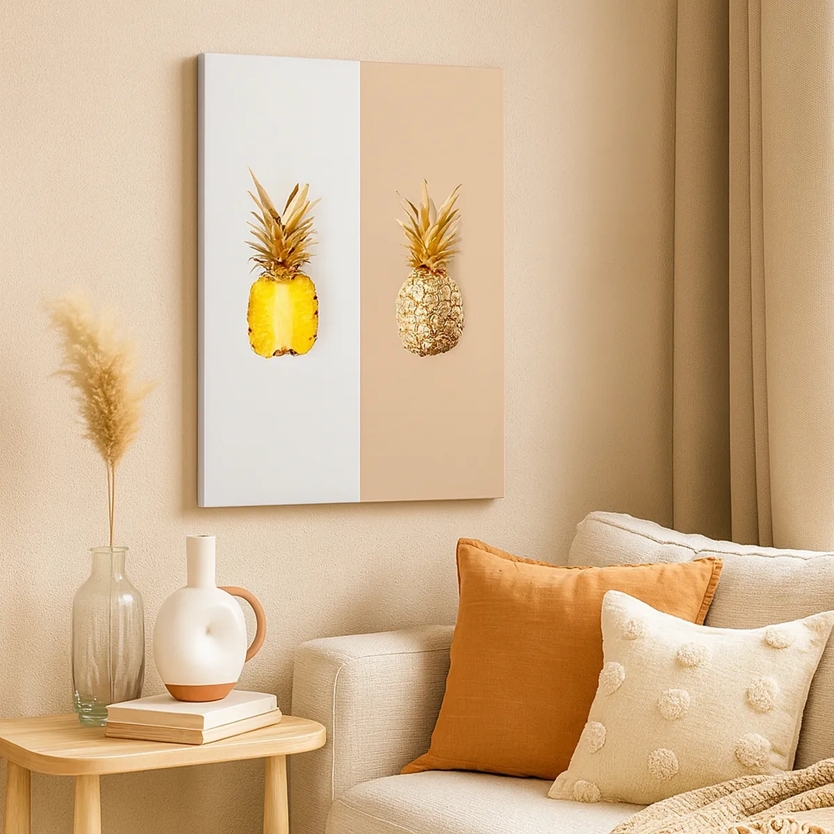 Quadro su tela - Stampe su Tela - Metà di un ananas fresco e dorato su uno sfondo contrastante - 50x70cm - Ananas per due - Decorazione murale moderna per soggiorno e camera da letto ARTTOR