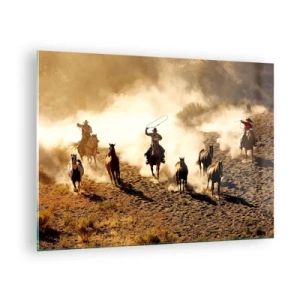Quadro su vetro - Cowboy a cavallo nella polvere durante un rodeo - 70x50cm - Il vero Far West - Decorazione murale moderna per soggiorno e camera da letto ARTTOR