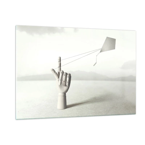 Quadro su vetro - Una mano di legno che tiene un aquilone galleggiante sul suo dito - 120x80cm - Prova di forza - Decorazione murale moderna per soggiorno e camera da letto ARTTOR