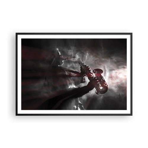 Poster in cornice nera - Sassofonista in fumo sul palco in un suggestivo abito nero e rosso - 100x70cm - Nei fumi del jazz - Decorazione murale moderna per soggiorno e camera da letto ARTTOR
