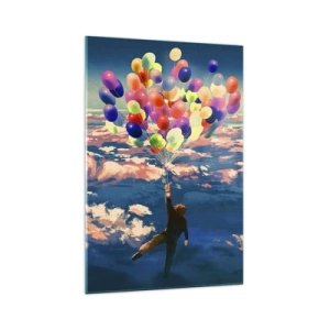 Quadro su vetro - Una figura che fluttua sopra le nuvole con palloncini colorati - 70x100cm - Il sogno dell'infanzia realizzato - Decorazione murale moderna per soggiorno e camera da letto ARTTOR