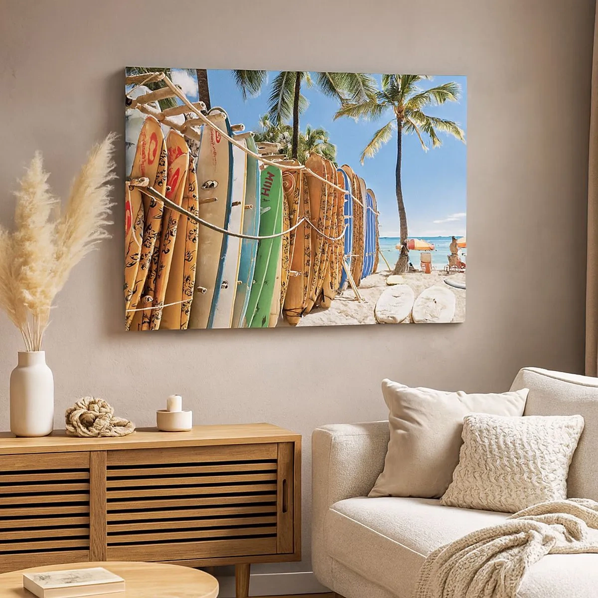 Quadro su tela - Stampe su Tela - Tavole da surf su una spiaggia con palme - 70x50cm - Divertimento sotto il sole - Decorazione murale moderna per soggiorno e camera da letto ARTTOR