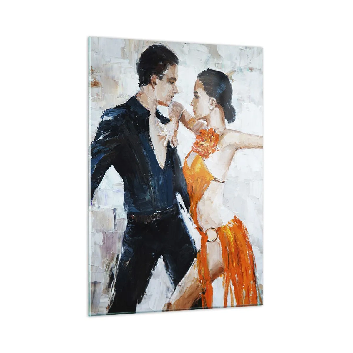 Quadro su vetro - Una coppia che balla in una posa dinamica su uno sfondo in stile impressionista - 50x70cm - Dirty dancing - Decorazione murale moderna per soggiorno e camera da letto ARTTOR
