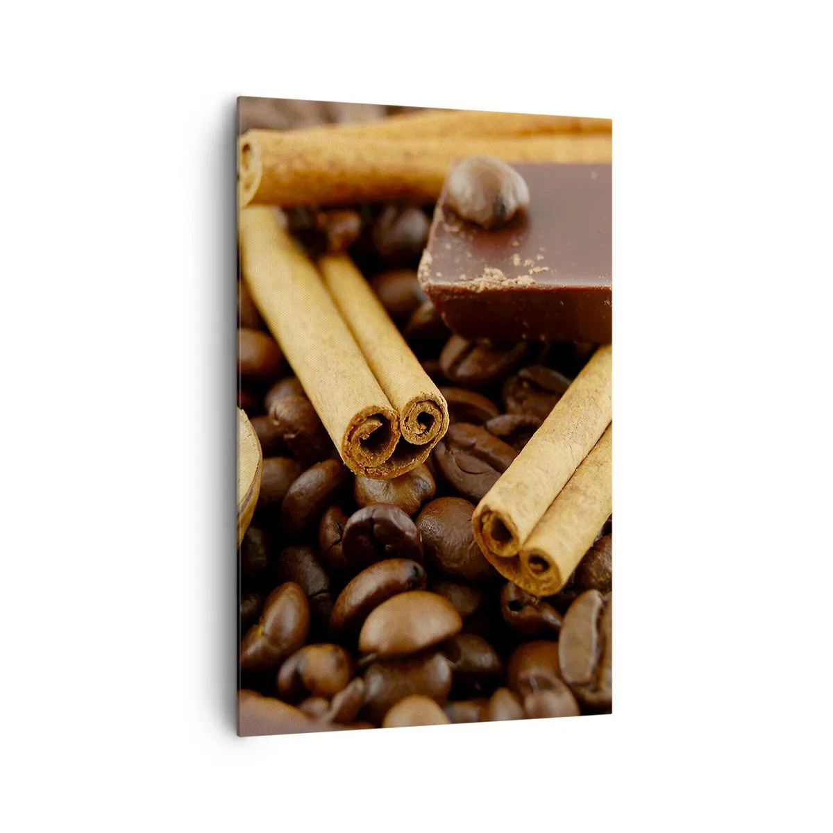 Quadro su tela - Stampe su Tela - Chicchi di caffè con bastoncini di cannella, cioccolato e noci. - 80x120cm - Concerto di sapori - Decorazione murale moderna per soggiorno e camera da letto ARTTOR