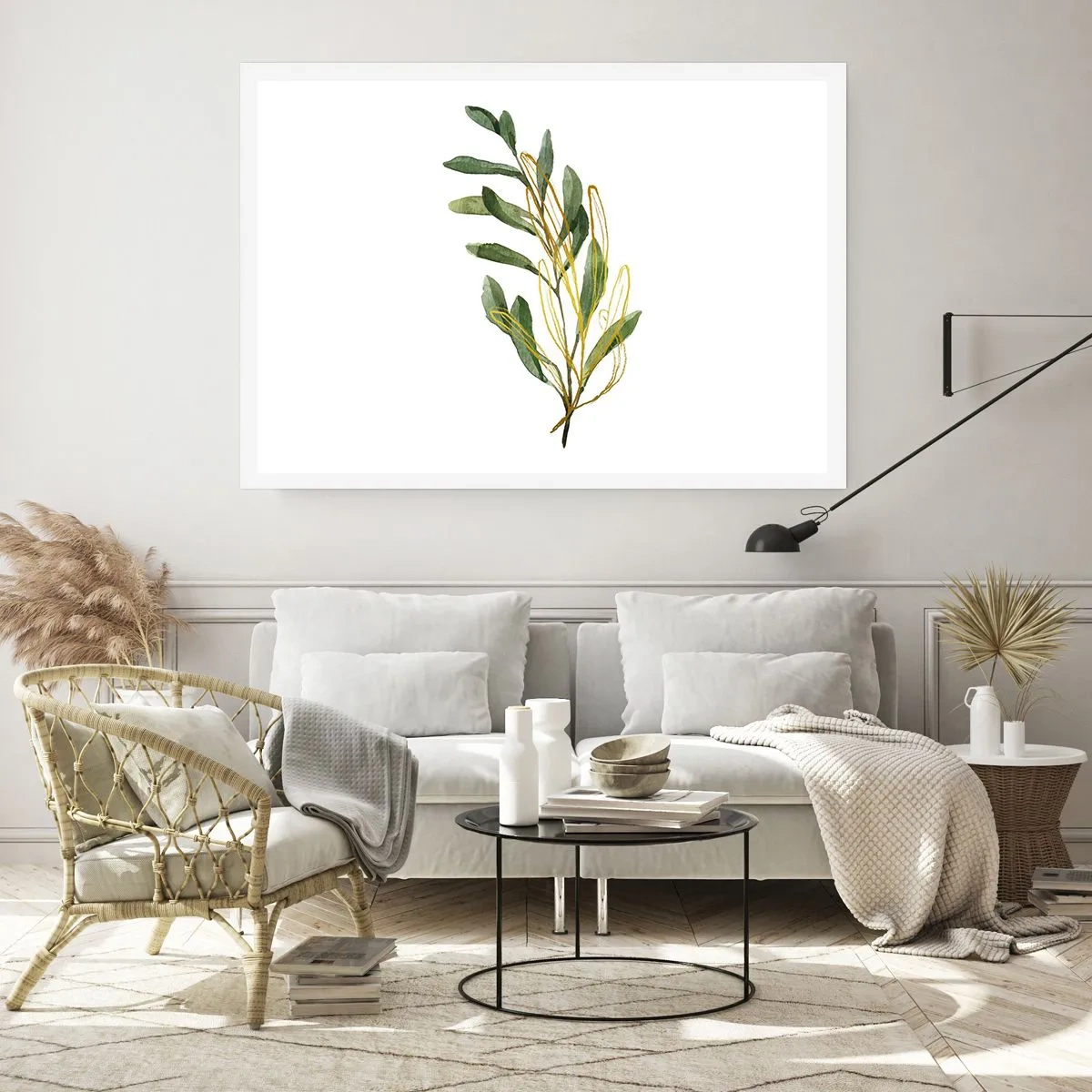Poster - Ramo verde con foglie su sfondo bianco - 100x70cm - Tutto ciò che è buono - Decorazione murale moderna per soggiorno e camera da letto ARTTOR