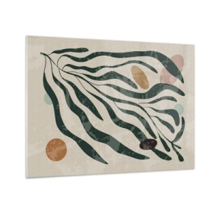 Quadro su vetro - Forme organiche in verde su sfondo beige - 70x50cm - Tra il verde - Decorazione murale moderna per soggiorno e camera da letto ARTTOR