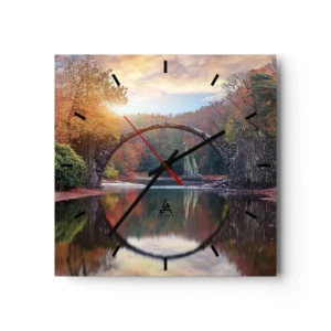 Orologio da parete - Orologio in Vetro - Un ponte di pietra in uno scenario autunnale sopra acque calme - 30x30cm - Dall'altro lato dello specchio - Decorazione murale moderna per soggiorno e camera da letto ARTTOR