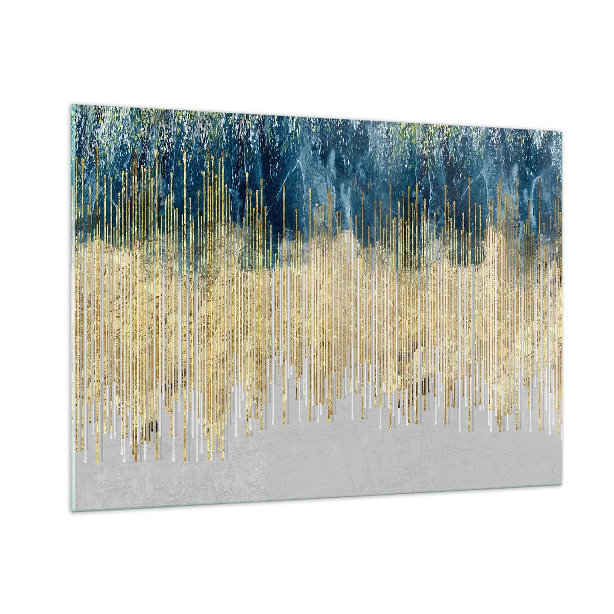 Quadro su vetro - Linee verticali dorate su uno sfondo di foresta blu scuro - 100x70cm - Confine dorato - Decorazione murale moderna per soggiorno e camera da letto ARTTOR
