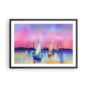 Poster in cornice nera - Barche a vela su un mare calmo nei colori pastello del tramonto - 70x50cm - Direzione: mare aperto - Decorazione murale moderna per soggiorno e camera da letto ARTTOR