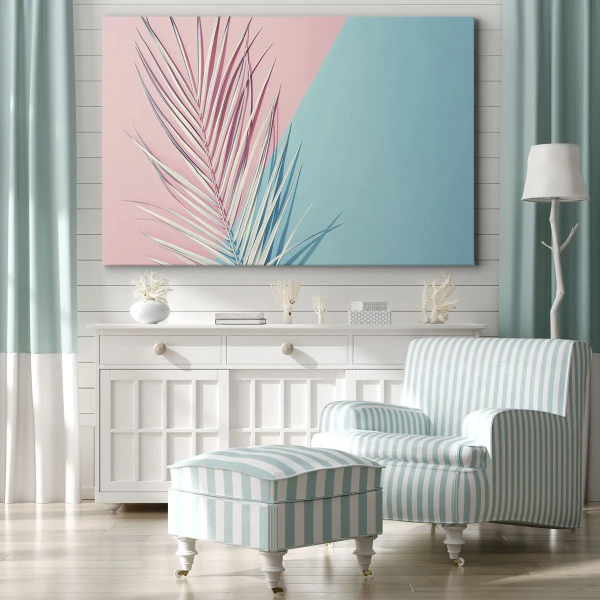 Quadro su tela - Stampe su Tela - Foglia tropicale su uno sfondo di tonalità pastello di rosa e blu - 70x50cm - Impressione tropicale - Decorazione murale moderna per soggiorno e camera da letto ARTTOR