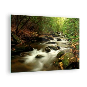 Quadro su vetro - Un ruscello nella foresta circondato da pietre e foglie - 70x50cm - Come argento liquido - Decorazione murale moderna per soggiorno e camera da letto ARTTOR