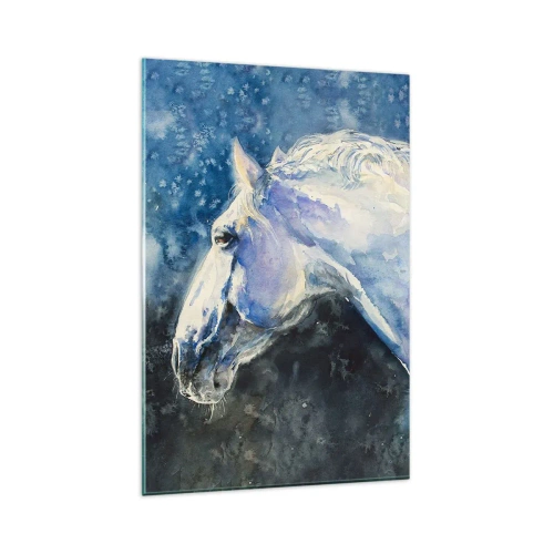 Quadro su vetro - Ritratto di un cavallo nei toni del blu con effetto acquerello pittorico. - 80x120cm - Ritratto in luce blu - Decorazione murale moderna per soggiorno e camera da letto ARTTOR