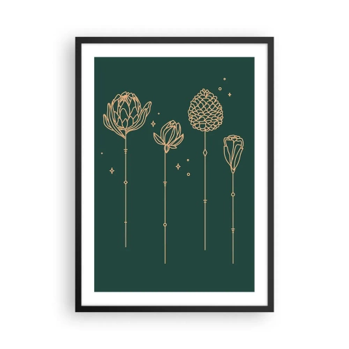 Poster in cornice nera - Contorni dorati di fiori su uno sfondo verde scuro - 50x70cm - La famiglia delle erbe - Decorazione murale moderna per soggiorno e camera da letto ARTTOR