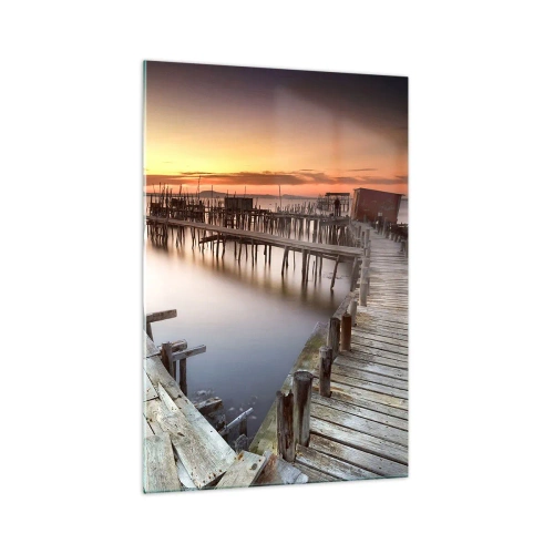 Quadro su vetro - Pontili in legno su acque calme al tramonto - 70x100cm - Autentico, non una finzione turistica - Decorazione murale moderna per soggiorno e camera da letto ARTTOR
