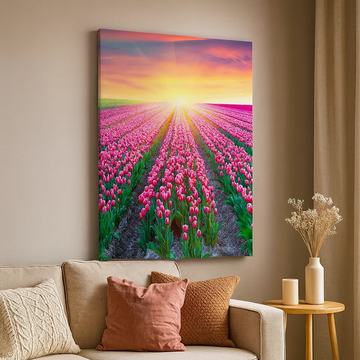 Quadro su tela - Stampe su Tela - Un campo di tulipani al tramonto - 50x70cm - La fattoria della bellezza - Decorazione murale moderna per soggiorno e camera da letto ARTTOR