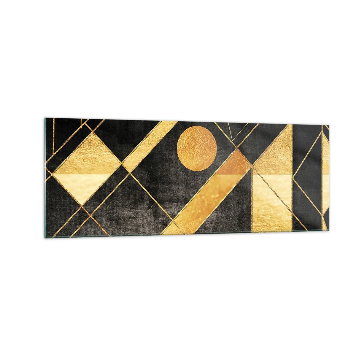 Quadro su vetro - Forme geometriche nei toni dell'oro e del nero - 140x50cm - Sole del deserto - Decorazione murale moderna per soggiorno e camera da letto ARTTOR