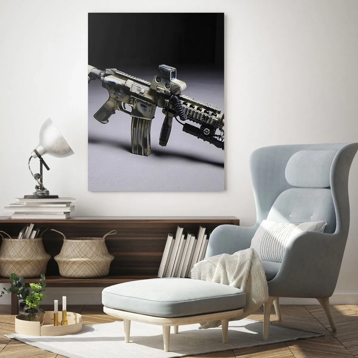 Quadro su vetro - Un fucile moderno su uno sfondo scuro con un accento industriale - 50x70cm - Sempre minaccioso - Decorazione murale moderna per soggiorno e camera da letto ARTTOR