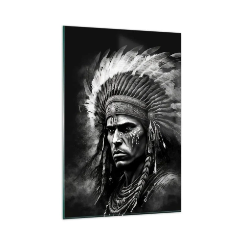 Quadro su vetro - Ritratto di un capo con un copricapo piumato su sfondo nero - 80x120cm - Capo e guerriero - Decorazione murale moderna per soggiorno e camera da letto ARTTOR
