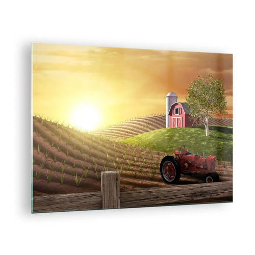 Quadro su vetro - Tramonto su una fattoria con un campo e un trattore - 70x50cm - La fattoria delle favole - Decorazione murale moderna per soggiorno e camera da letto ARTTOR