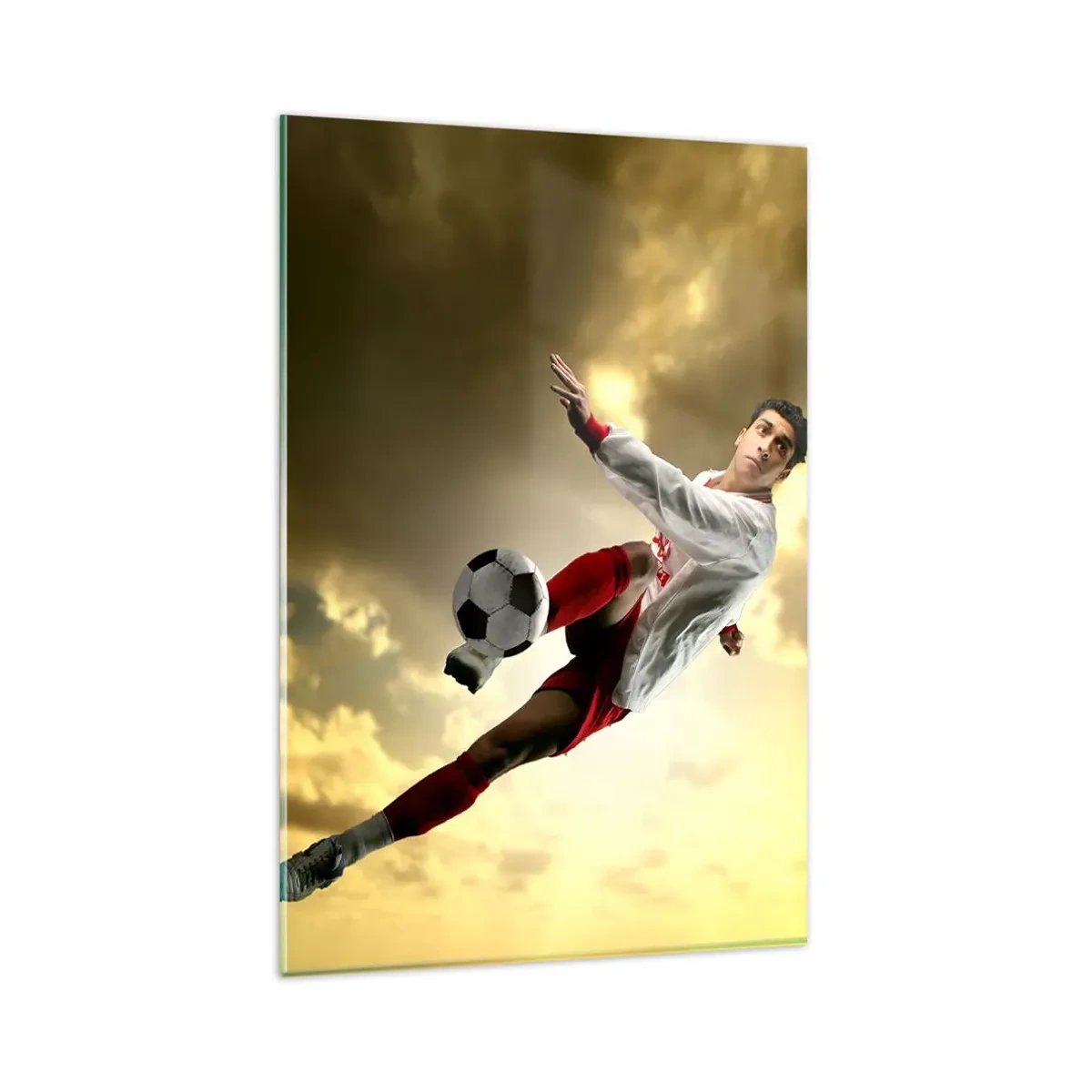 Quadro su vetro - Un giocatore di football in un salto dinamico che calcia la palla contro il cielo - 80x120cm - Il cielo del calcio - Decorazione murale moderna per soggiorno e camera da letto ARTTOR