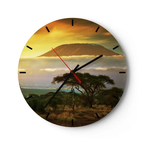Orologio da parete - Orologio in Vetro - Il monte Kilimanjaro circondato dalla nebbia e dalla savana al tramonto - 30x30cm - Il sogno del viaggiatore - Decorazione murale moderna per soggiorno, cucina e camera da letto ARTTOR