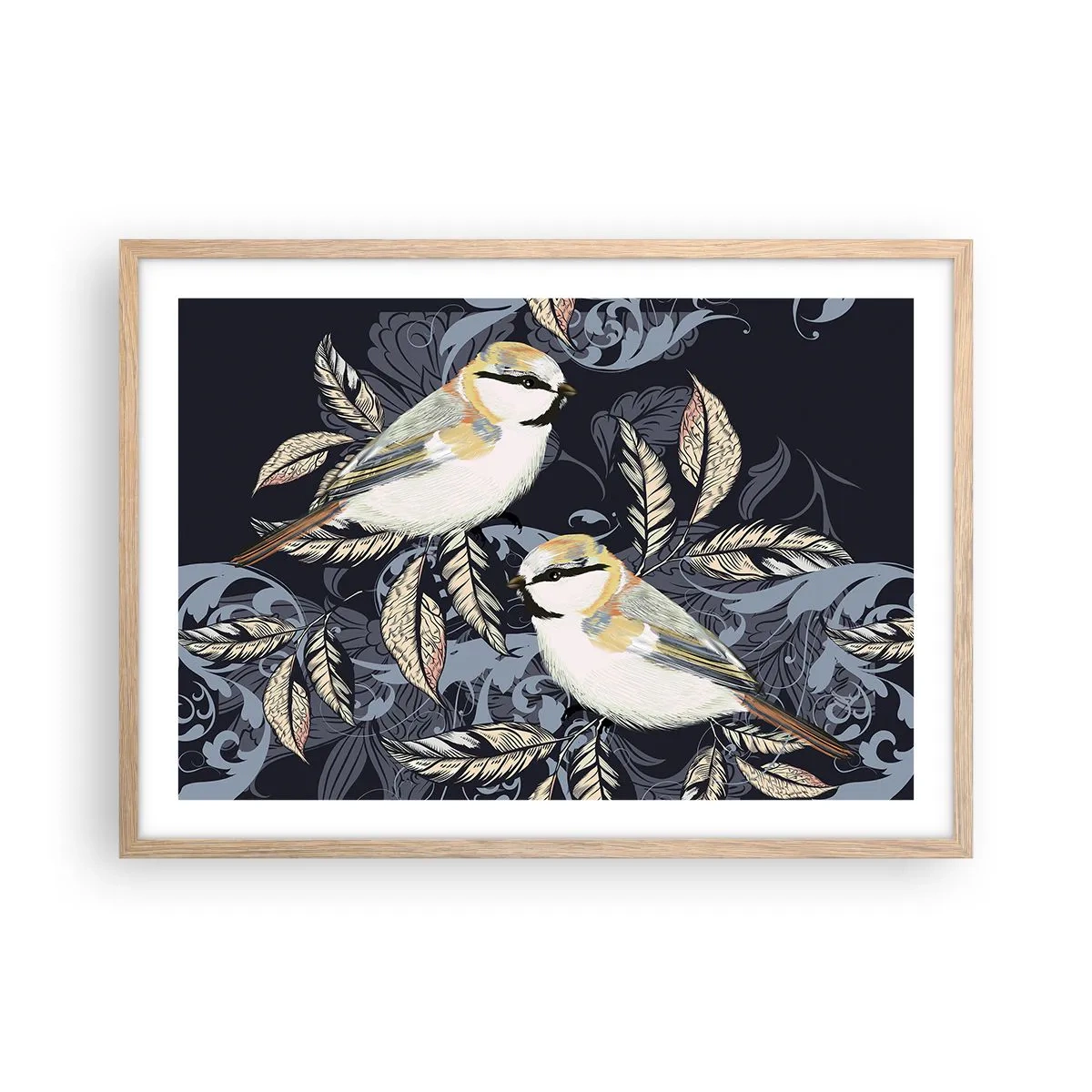 Poster in cornice rovere chiaro - Cinguettio oro e blu - 70x50 cm