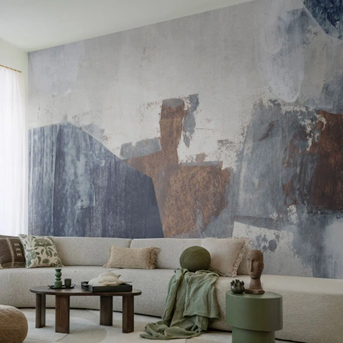 Fotomurali Premium Sand - Astrazione geometrica nei toni del blu e del marrone - 100x70cm - Forme blu e marroni - Decorazione murale moderna per soggiorno e camera da letto ARTTOR