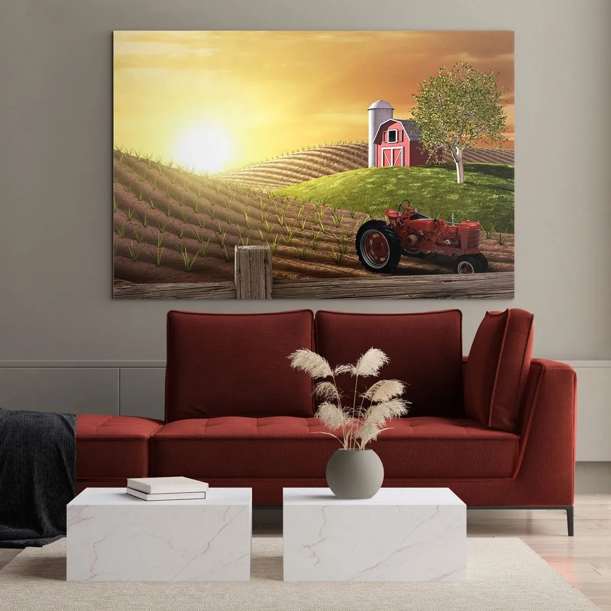 Quadro su vetro - Tramonto su una fattoria con un campo e un trattore - 120x80cm - La fattoria delle favole - Decorazione murale moderna per soggiorno e camera da letto ARTTOR