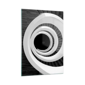 Quadro su vetro - Scala a chiocciola in bianco e nero vista dall'alto - 50x70cm - Verso l'essenza delle cose - Decorazione murale moderna per soggiorno e camera da letto ARTTOR
