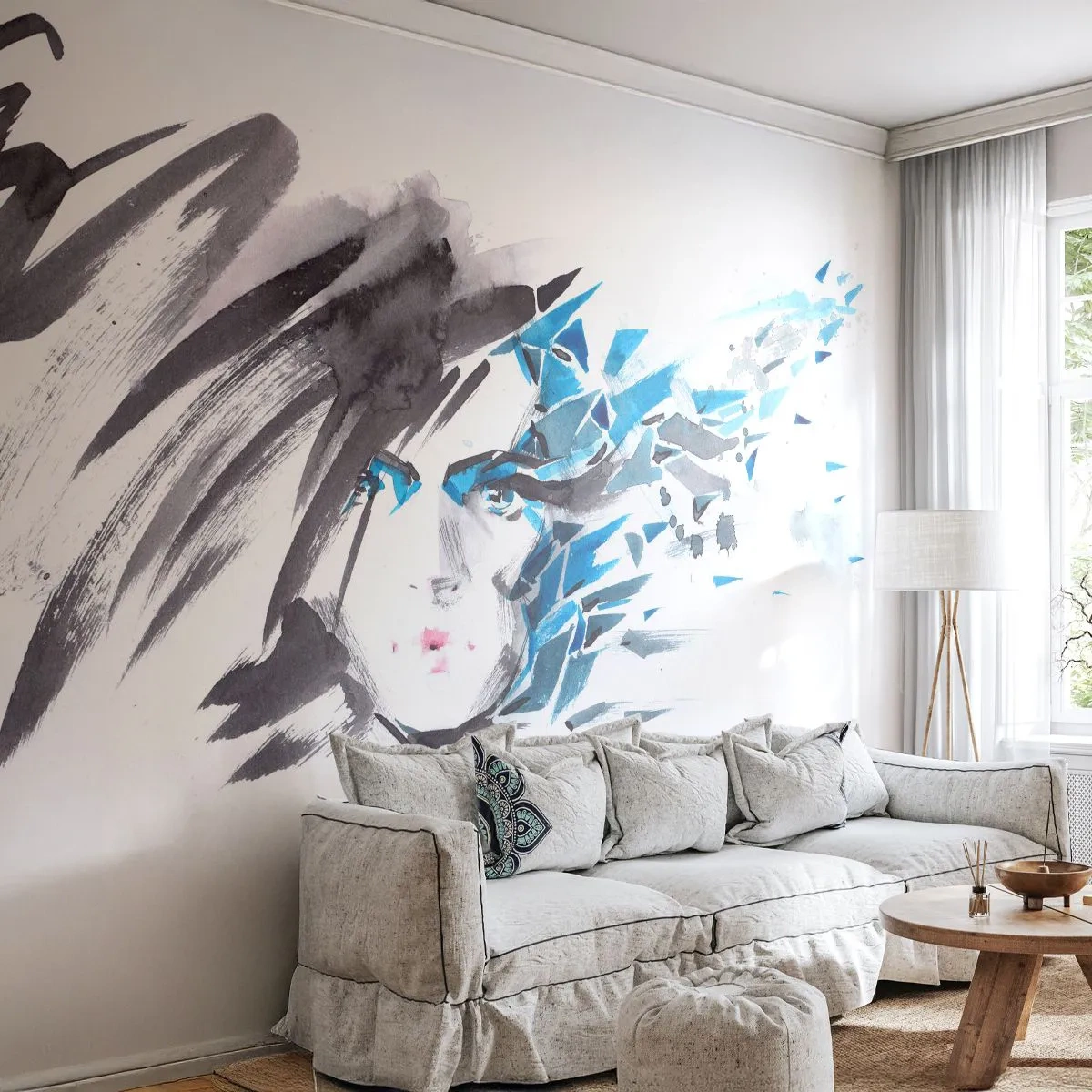 Fotomurali Premium Sand - Ritratto di sensualità in grigio e azzurro - Donna, Volto di donna, Astrazione - 400x280 cm