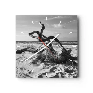 Orologio da parete - Orologio in Vetro - Paesaggio in bianco e nero con un albero morto sulla spiaggia - 30x30cm - Scolpito dal mare - Decorazione murale moderna per soggiorno e camera da letto ARTTOR
