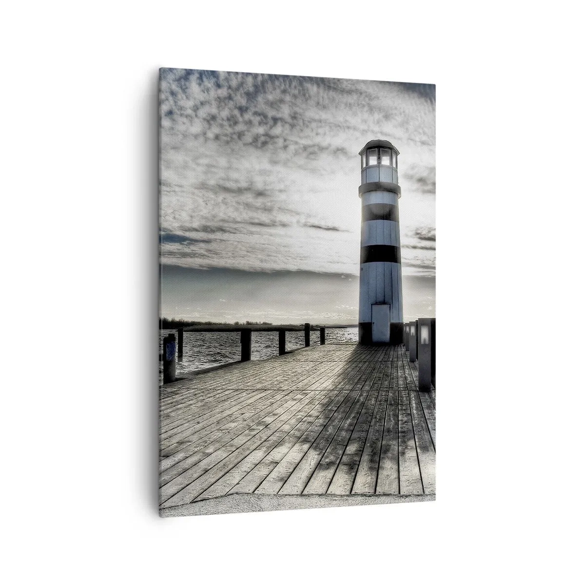 Quadro su tela - Stampe su Tela - Faro su un molo di legno con vista sul mare. - 70x100cm - Marinai, vi aspettiamo - Decorazione murale moderna per soggiorno e camera da letto ARTTOR