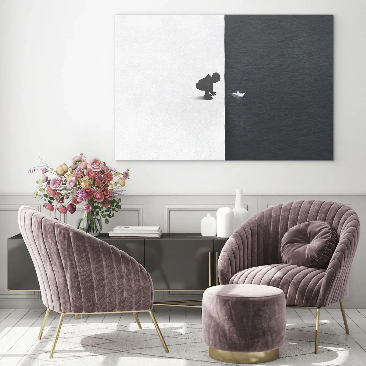 Quadro su vetro - Sagoma di un bambino che lancia una barchetta di carta in acqua - 120x80cm - La grande spedizione - Decorazione murale moderna per soggiorno e camera da letto ARTTOR