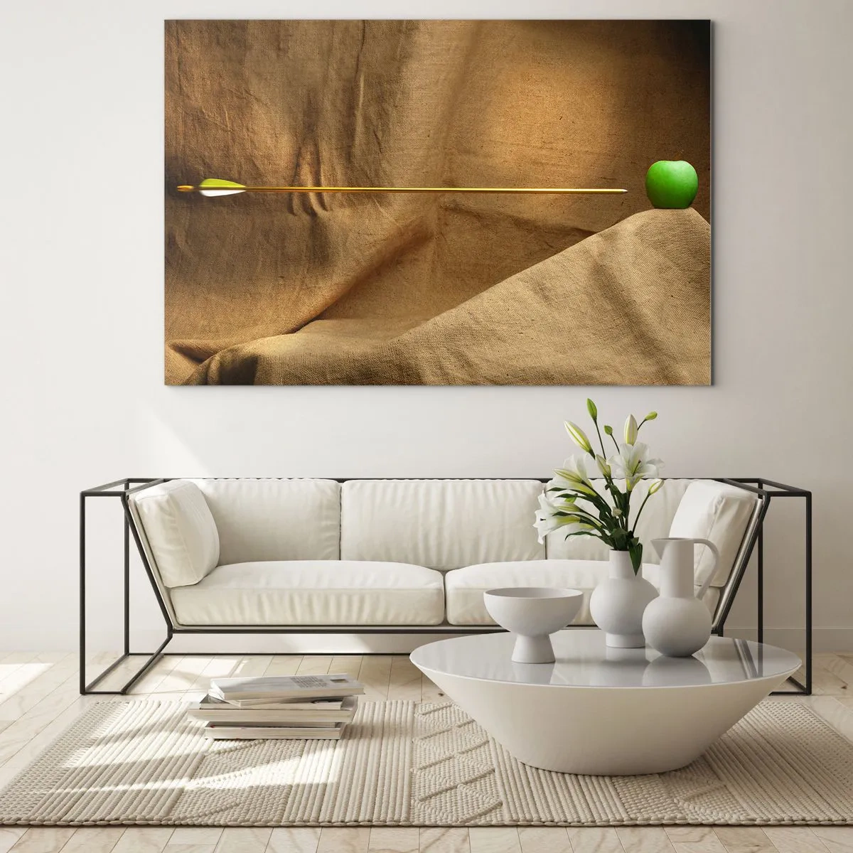 Quadro su vetro - Una mela verde su sfondo beige con una freccia che la trafigge. - 120x80cm - Evocare lo spirito di Guglielmo Tell - Decorazione murale moderna per soggiorno e camera da letto ARTTOR