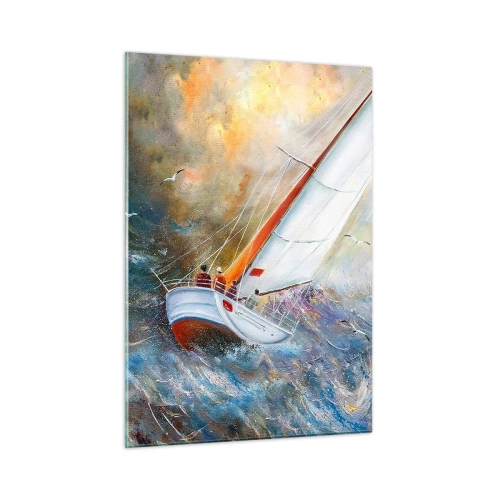 Quadro su vetro - Barche a vela in mare agitato durante una regata - 50x70cm - Correndo sulle onde - Decorazione murale moderna per soggiorno e camera da letto ARTTOR
