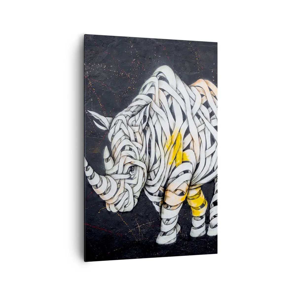 Quadro su tela - Stampe su Tela - Un rinoceronte scolpito con strisce astratte su sfondo scuro. - 80x120cm - La pelle dura è un mito - Decorazione murale moderna per soggiorno e camera da letto ARTTOR