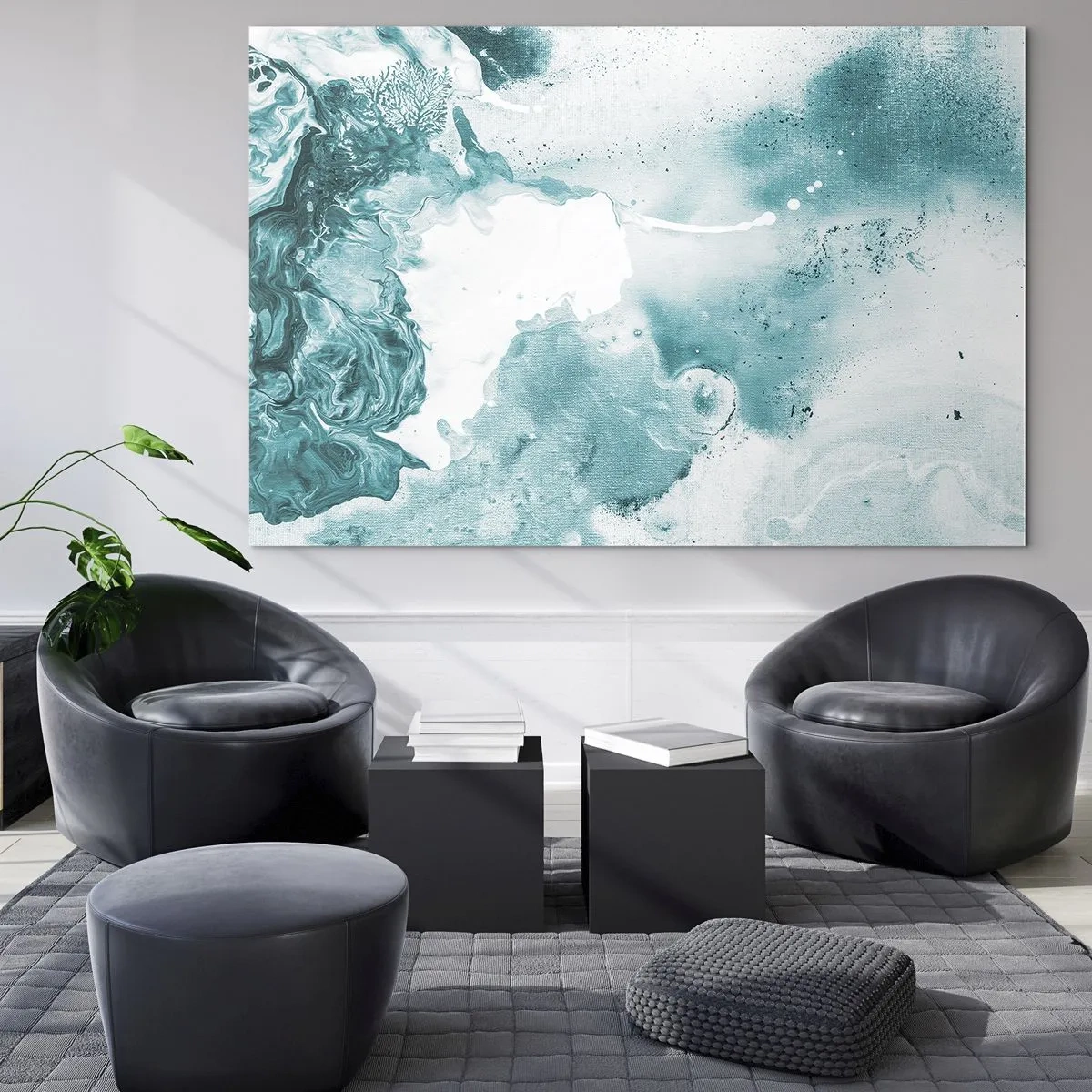 Quadro su vetro - Pozze astratte di blu su uno sfondo di vetro - 70x50cm - Palude blu - Decorazione murale moderna per soggiorno e camera da letto ARTTOR