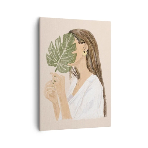 Quadro su tela - Stampe su Tela - Ritratto di una donna con una foglia di monstera su uno sfondo beige - 50x70cm - Misterioso ritratto con ventaglio - Decorazione murale moderna per soggiorno e camera da letto ARTTOR