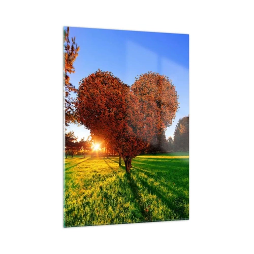 Quadro su vetro - Un albero a forma di cuore sullo sfondo del sole al tramonto - 50x70cm - Come non amare l'autunno - Decorazione murale moderna per soggiorno e camera da letto ARTTOR