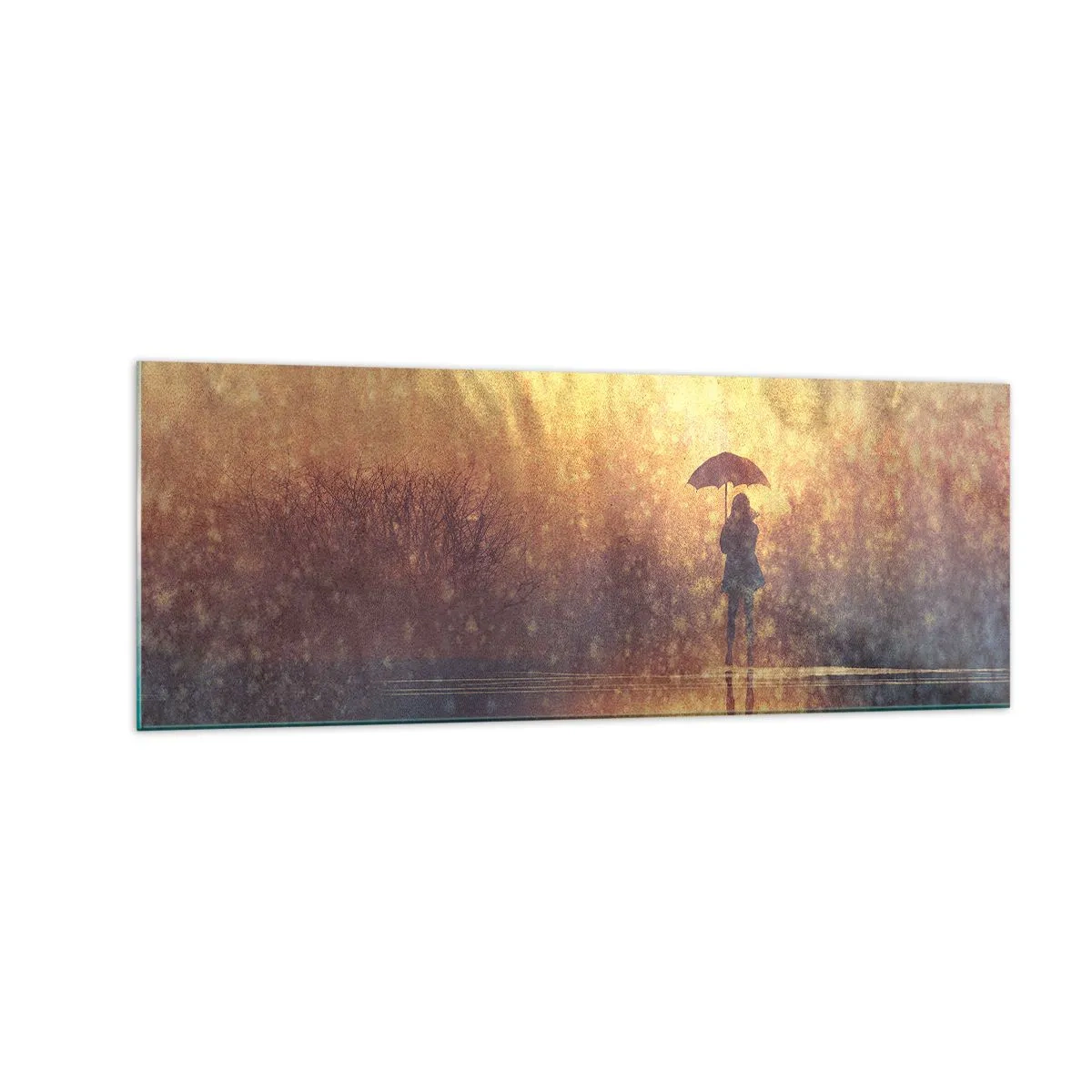 Quadro su vetro - Una figura con un ombrello in un paesaggio nebbioso pieno di riflessi - 140x50cm - Sento che qualcuno mi guarda - Decorazione murale moderna per soggiorno e camera da letto ARTTOR
