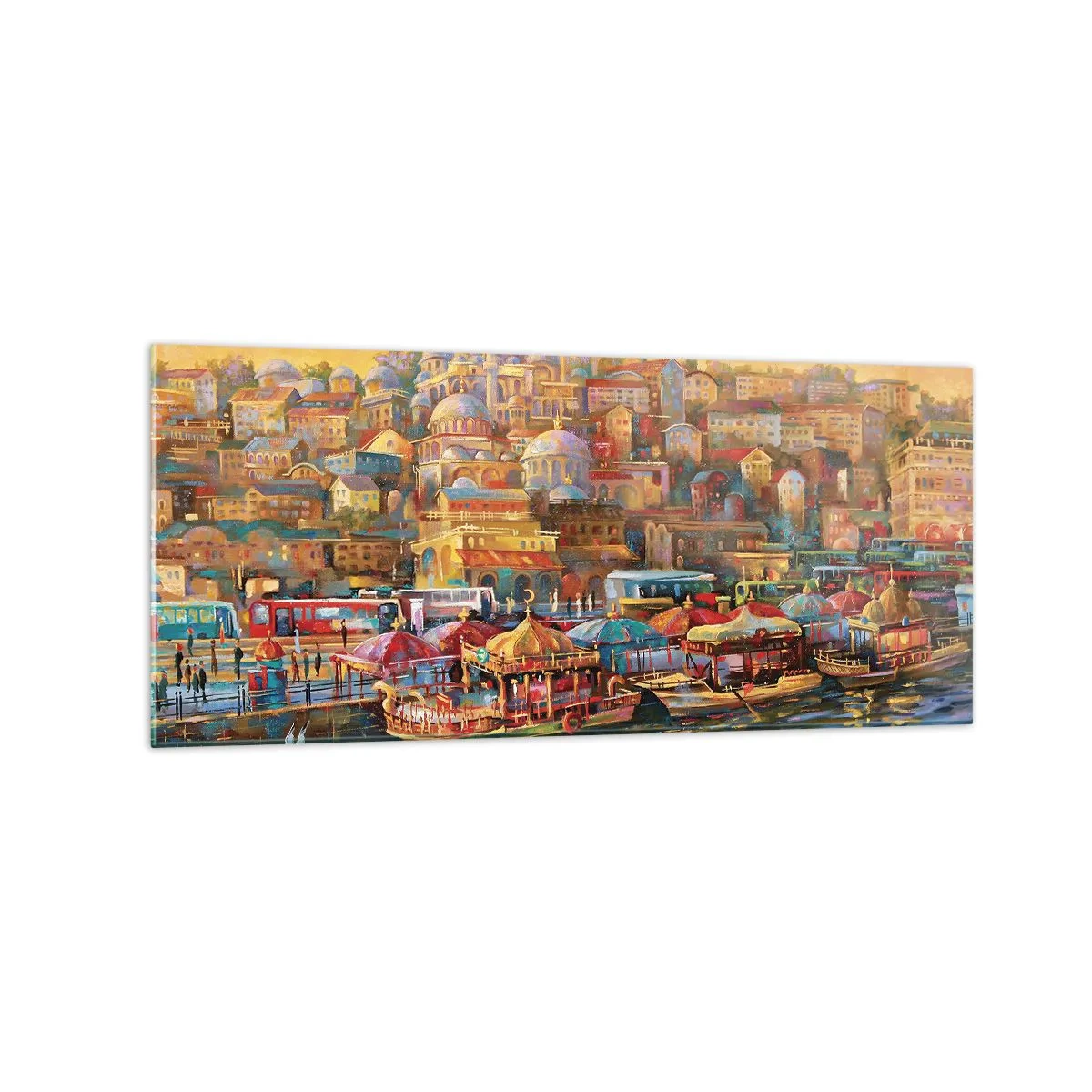 Quadro su vetro - Panorama pittoresco di Istanbul con vista sulla baia e sulla città - 120x50cm - Racconto da Istanbul - Decorazione murale moderna per soggiorno e camera da letto ARTTOR
