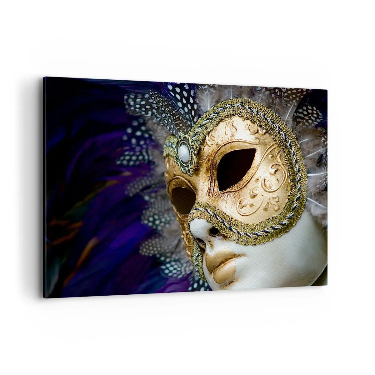 Quadro su tela - Stampe su Tela - Maschera veneziana dorata con piume decorative e ornamenti - 100x70cm - Ritratto di Venezia in oro - Decorazione murale moderna per soggiorno e camera da letto ARTTOR