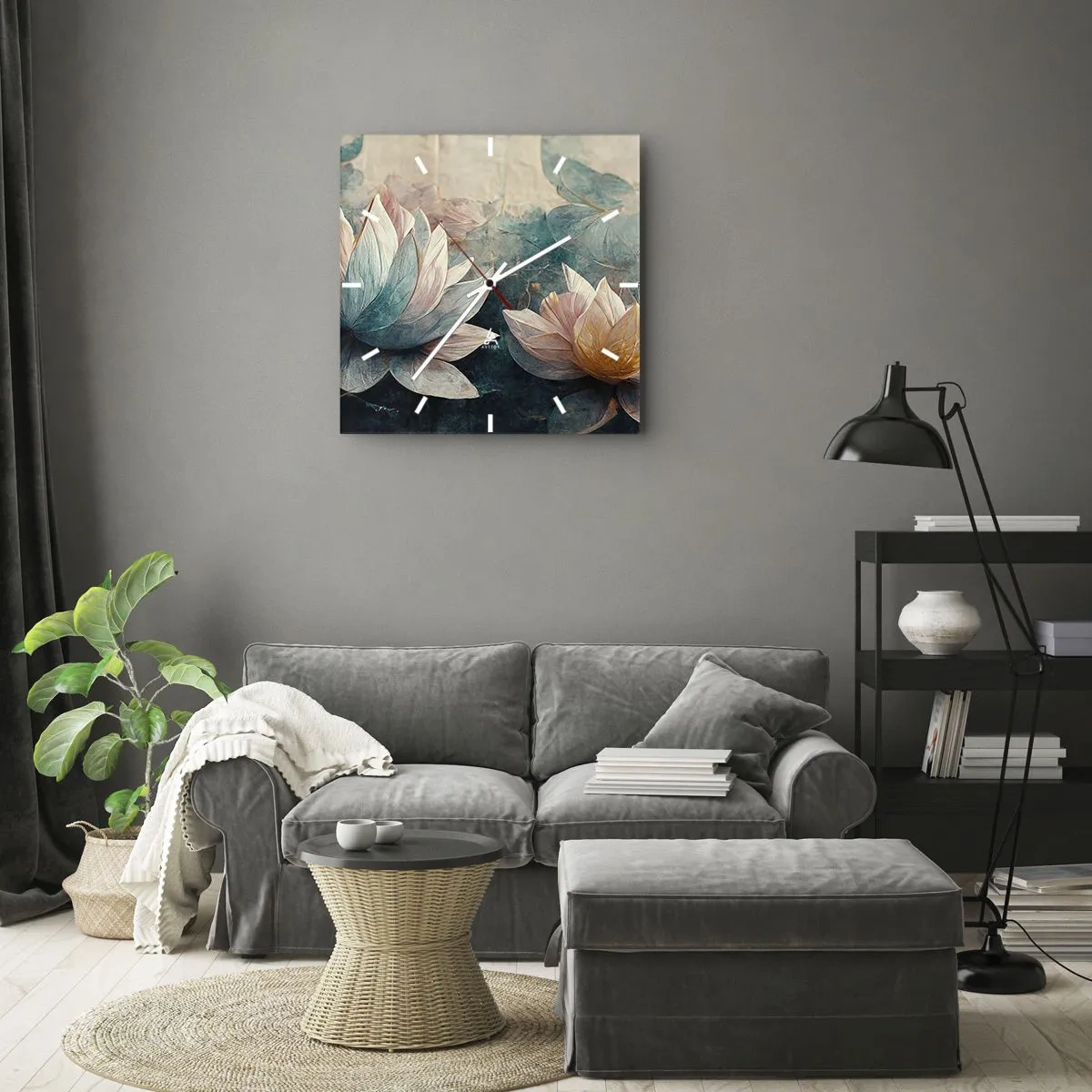 Orologio da parete - Orologio in Vetro - Delicate ninfee in tonalità pastello di blu e oro - 30x30cm - Le stelle del lago - Decorazione murale moderna per soggiorno e camera da letto ARTTOR