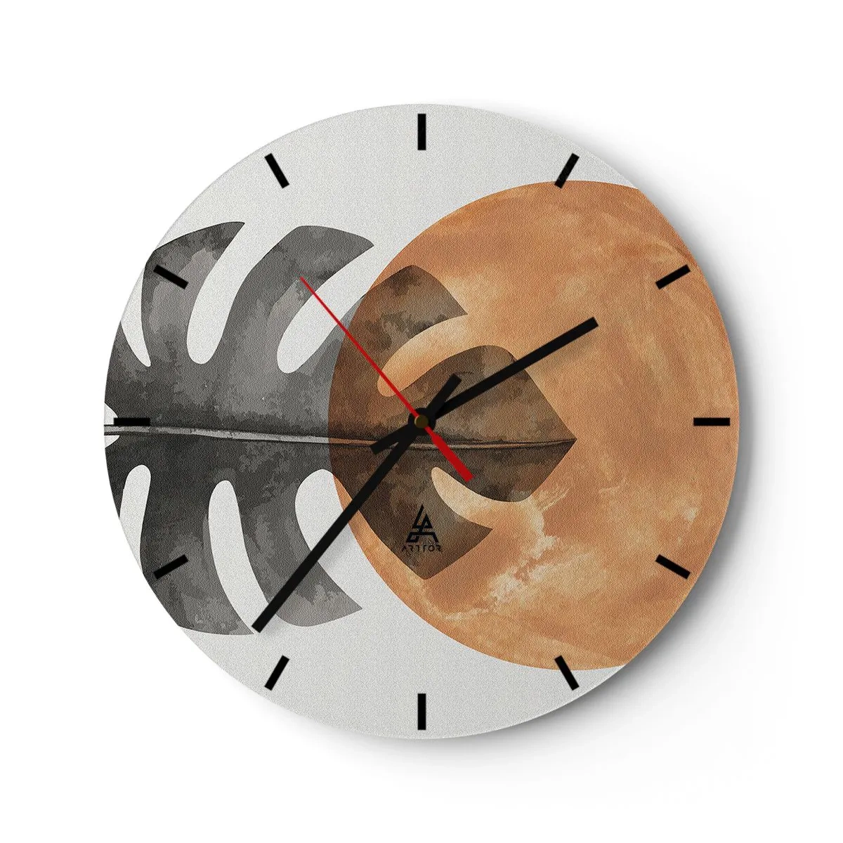 Orologio da parete - Orologio in Vetro - Una foglia di monstera contro un grande cerchio arancione come il sole - 30x30cm - Sempre il sole - Decorazione murale moderna per soggiorno, cucina e camera da letto ARTTOR